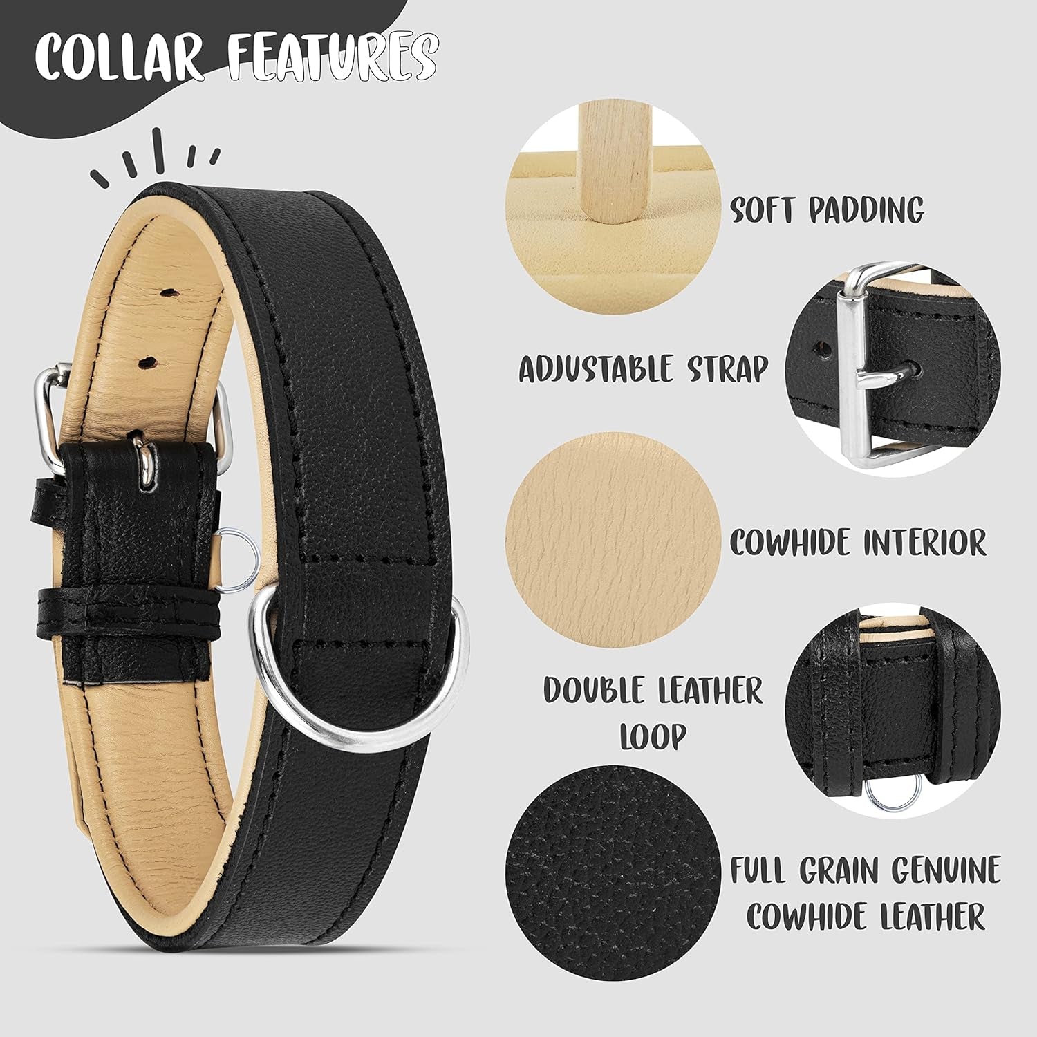 Riparo Dog Collars for Medium Dogs, Genuine Leather Dog Collar, Medium Dog Collar (M: 1" Wide for 13.5”-17.5” Neck, Black)