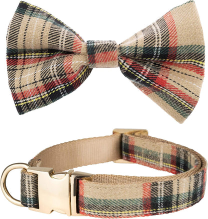 Scottish Tartan Bowtie Dog Collar & Leash Set with Detachable Bow Tie for Girl or Boy Dogs Comfortable Plaid Pattern, Fully Adjustable, Great Pet Gift (XS, Beige)